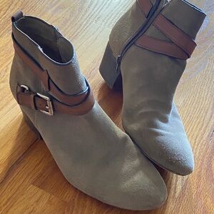 Coach suede booties leather straps and coach buckle detail. Moderately worn.